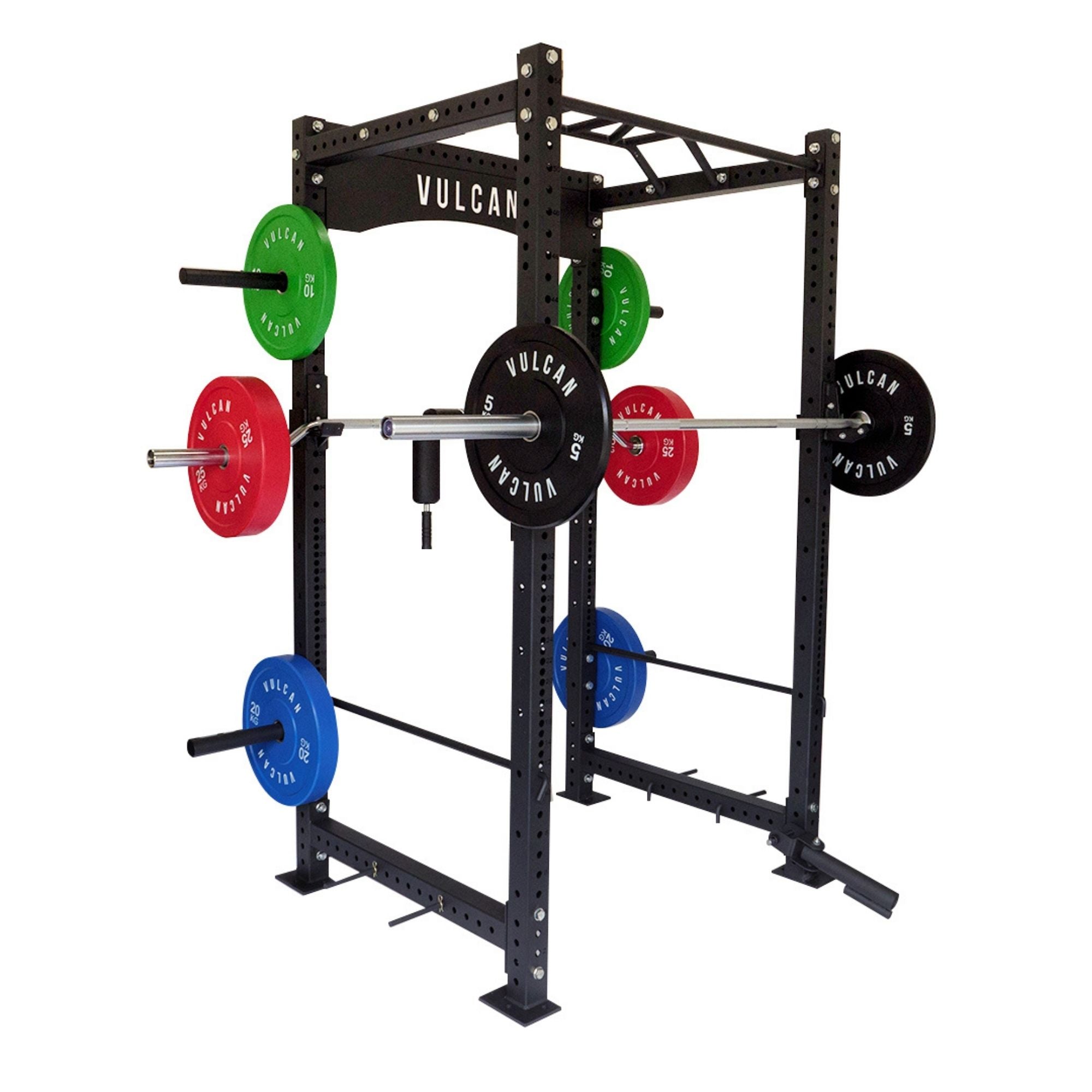 commercial power cage with bumper plates and barbell