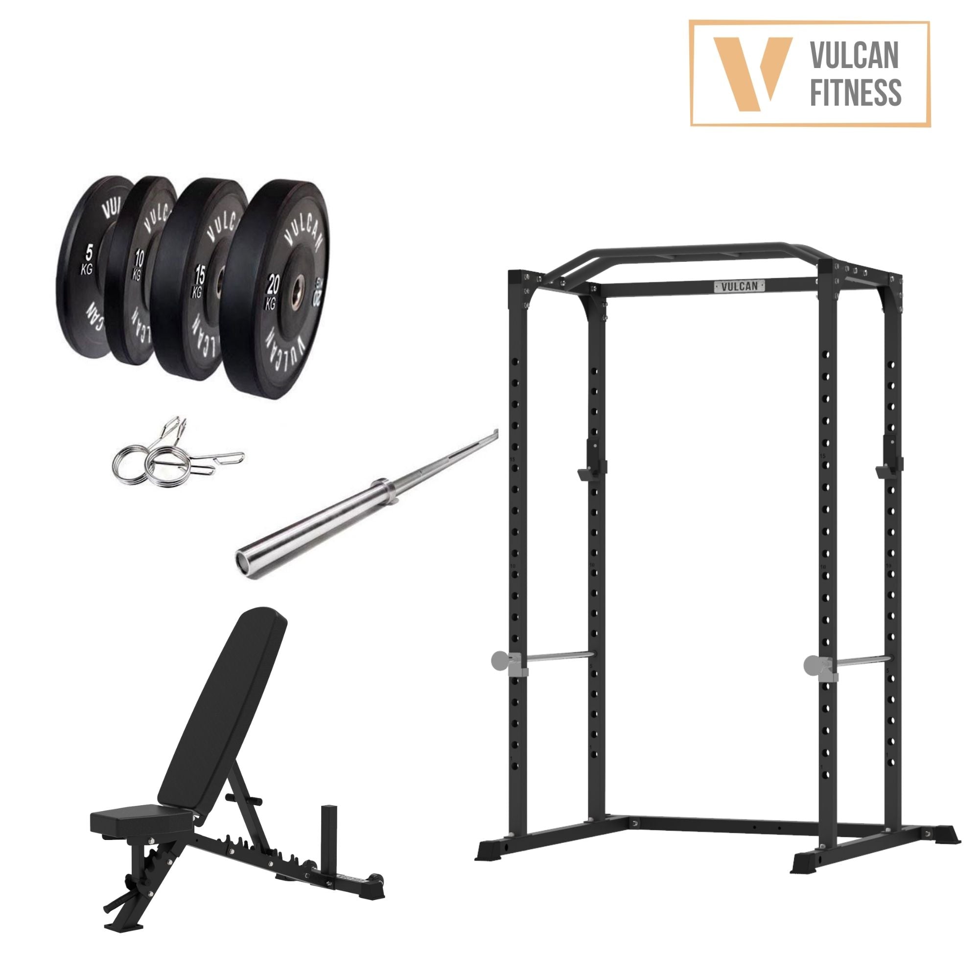 VULCAN Home Gym Power Cage, Olympic Barbell, 100kg Black Bumper Weight Plates & Adjustable Bench | IN STOCK