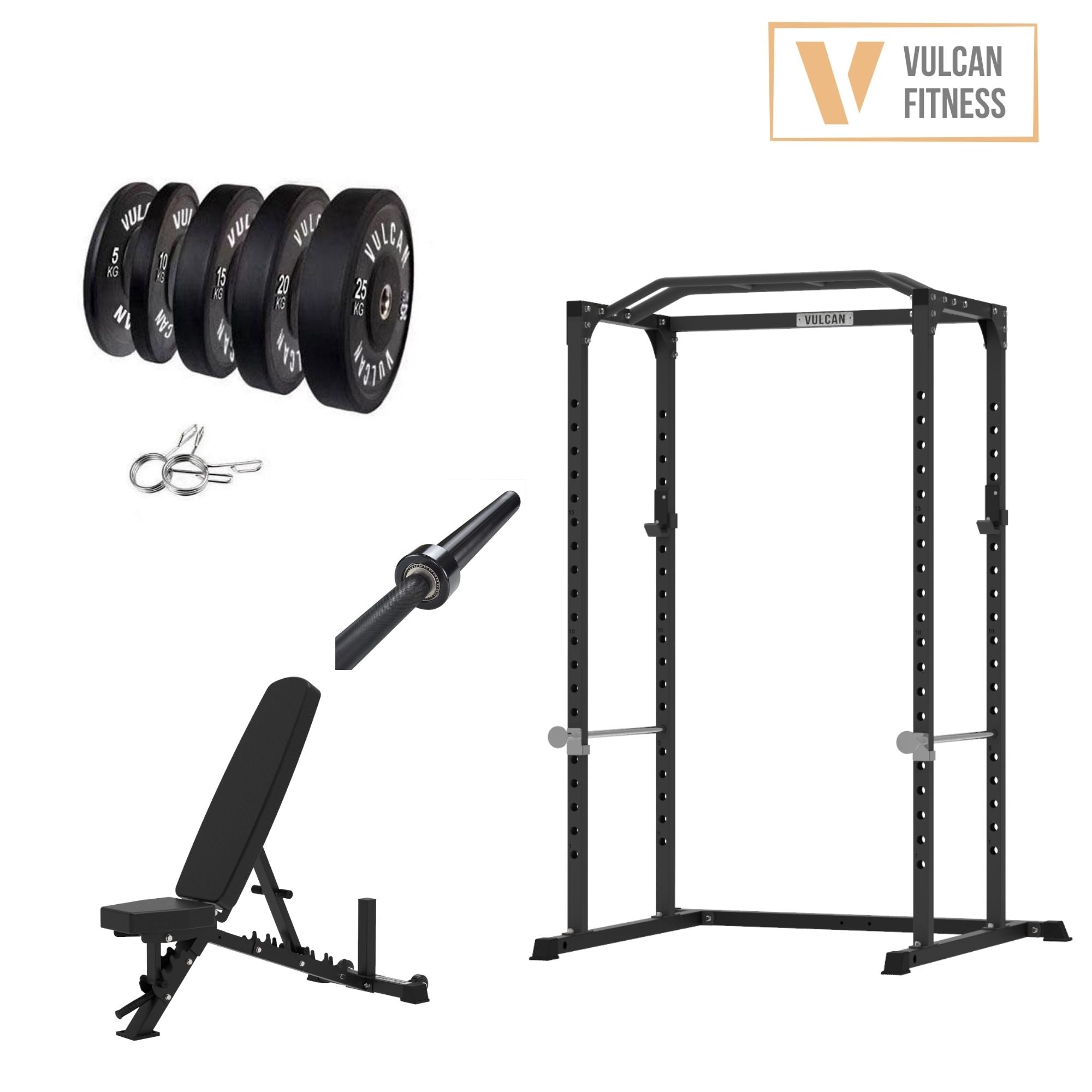 VULCAN Home Gym Power Cage, Olympic Barbell, 150kg Black Bumper Weight Plates & Pro Adjustable Bench | IN STOCK