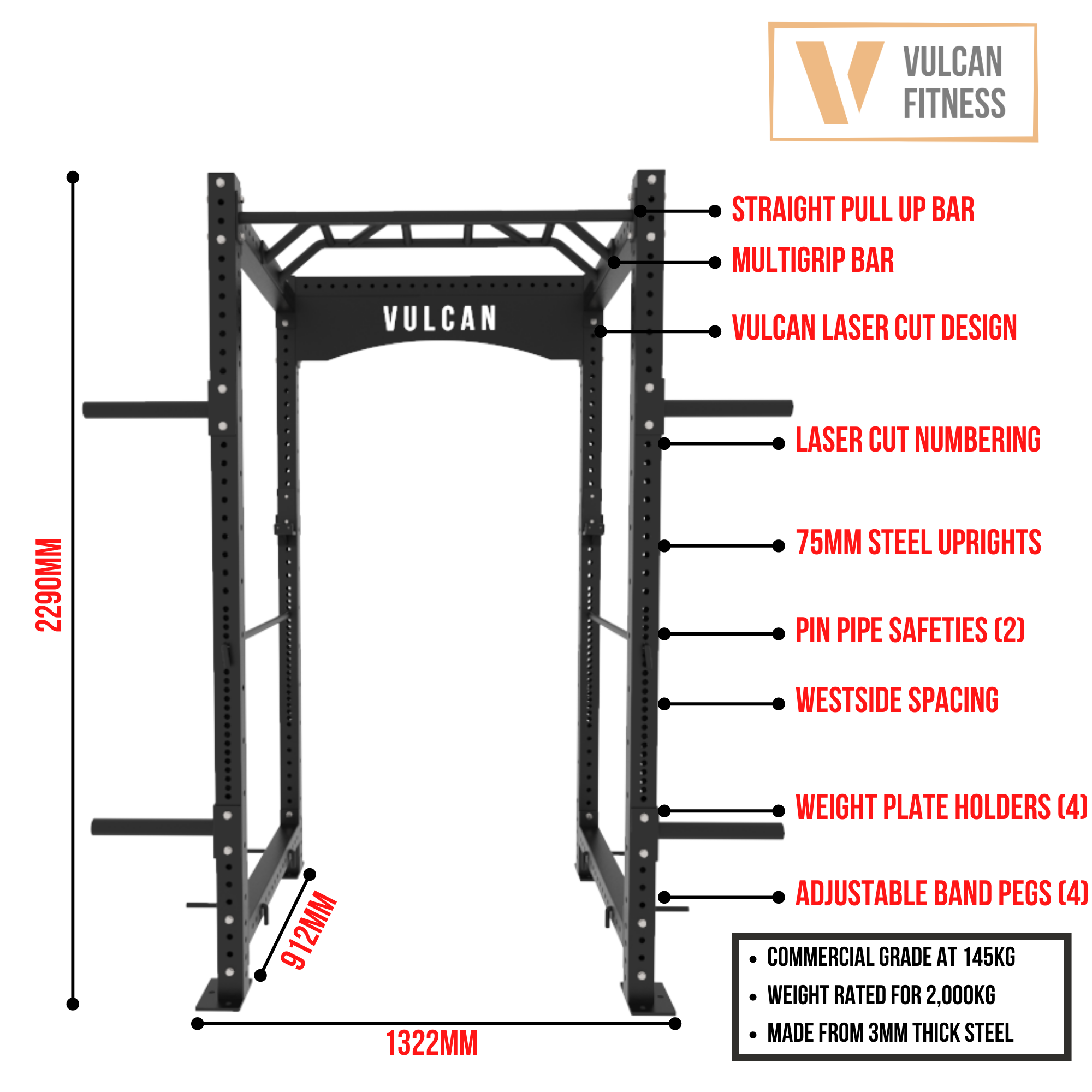 VULCAN Commercial Power Cage, Olympic Barbell, 150kg Black Bumper Weight Plates & Commercial FID Bench | IN STOCK