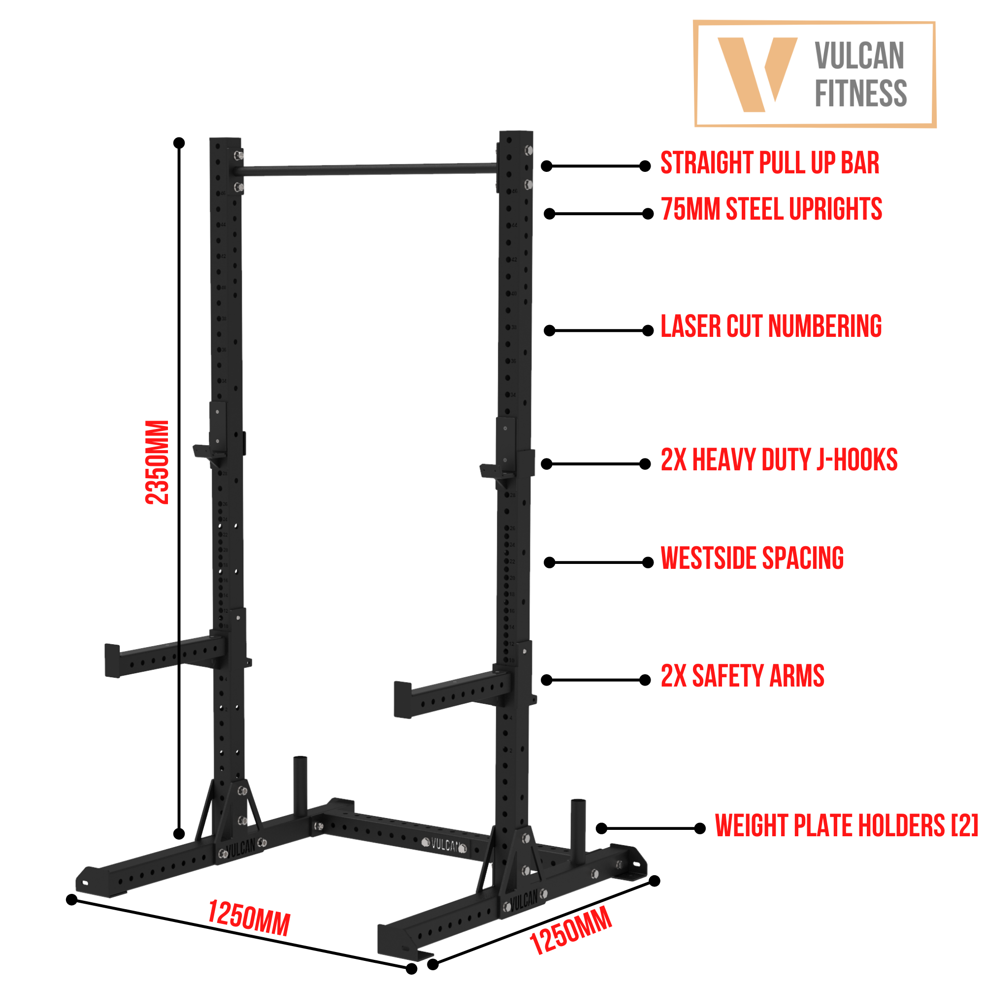 VULCAN Elite Squat Rack, Olympic Barbell, 100kg Colour Bumper Weight Plates & Adjustable Bench | IN STOCK