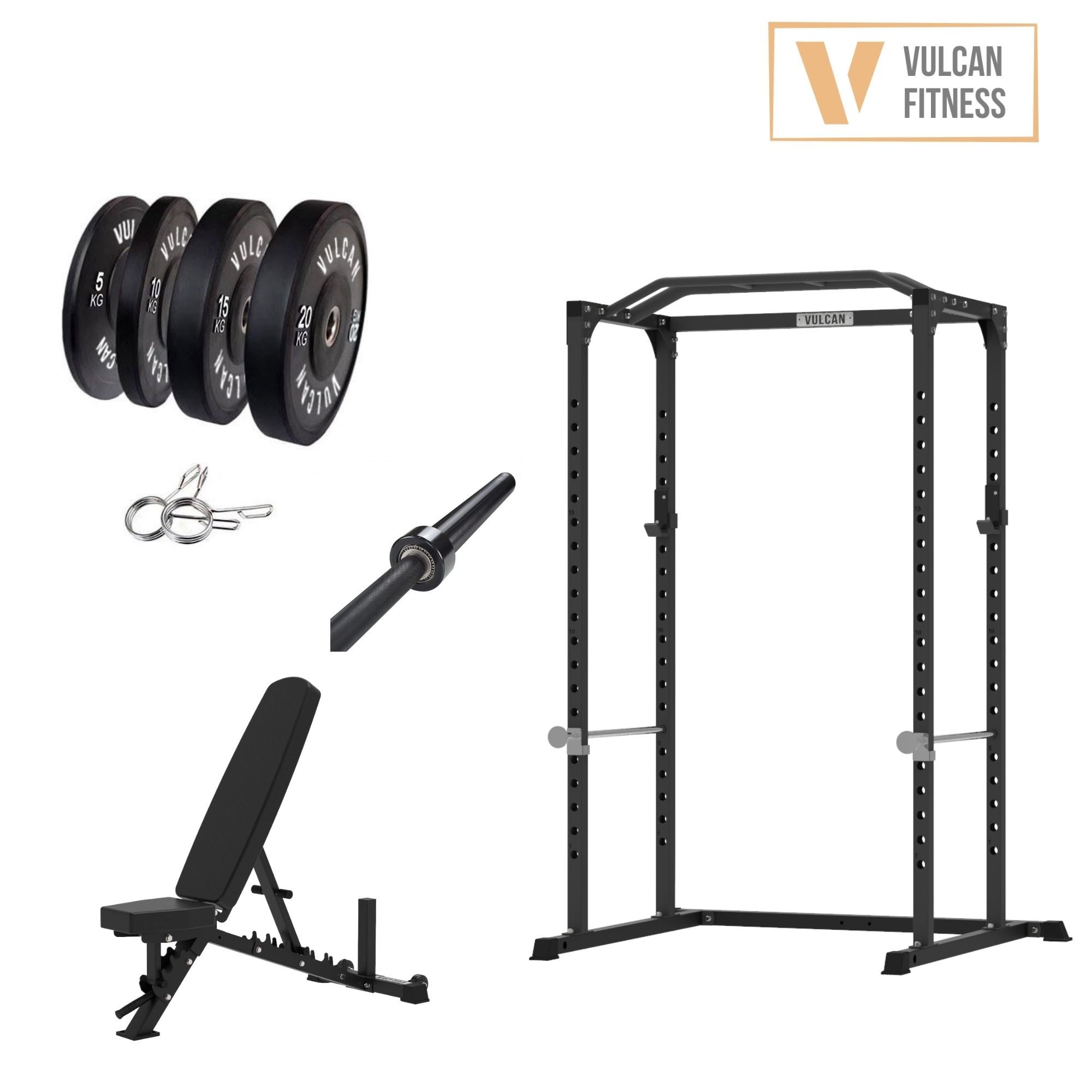 VULCAN Home Gym Power Cage, Olympic Barbell, 100kg Black Bumper Weight Plates & Adjustable Bench | IN STOCK