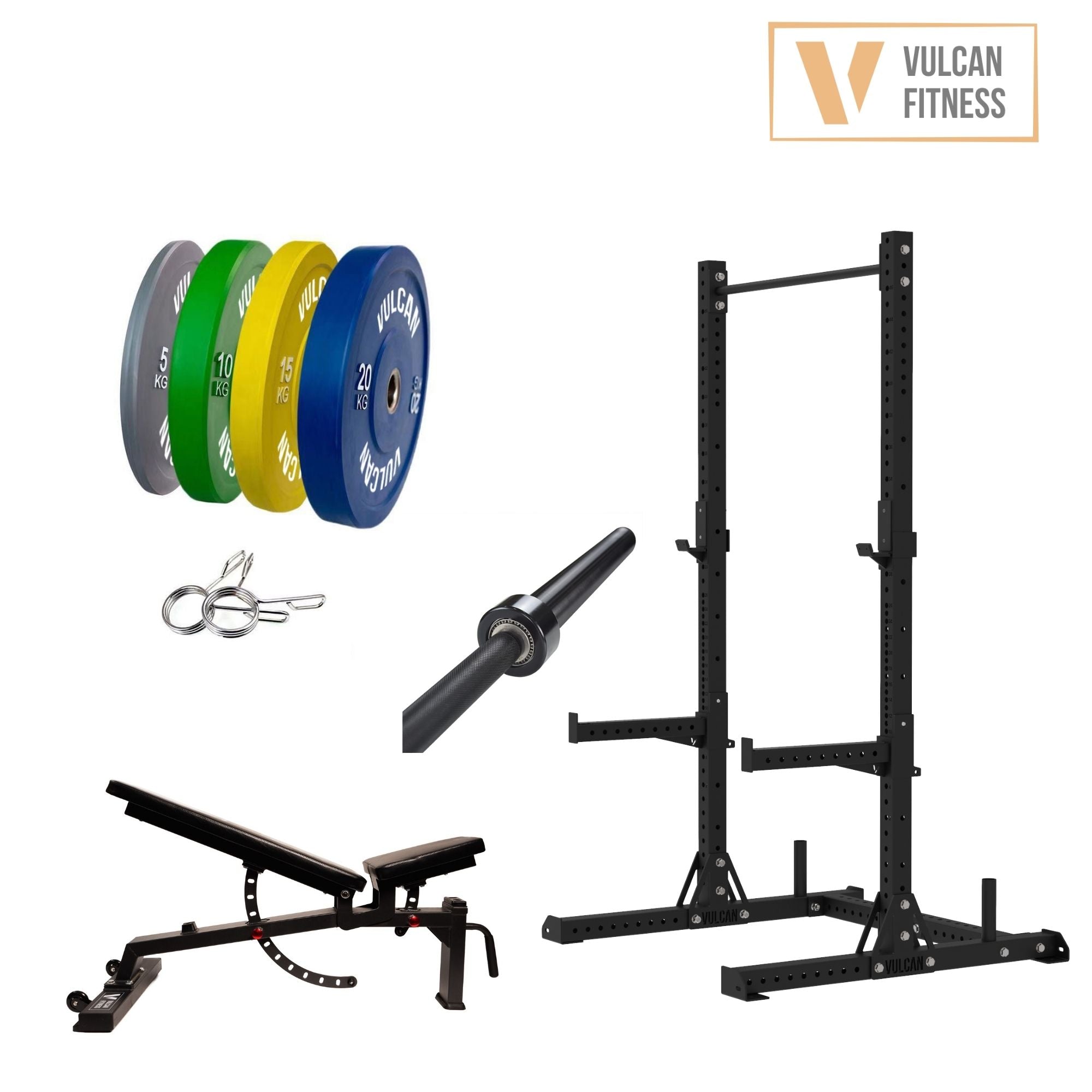 VULCAN Elite Squat Rack, Olympic Barbell, 100kg Colour Bumper Weight Plates & Adjustable Bench | IN STOCK