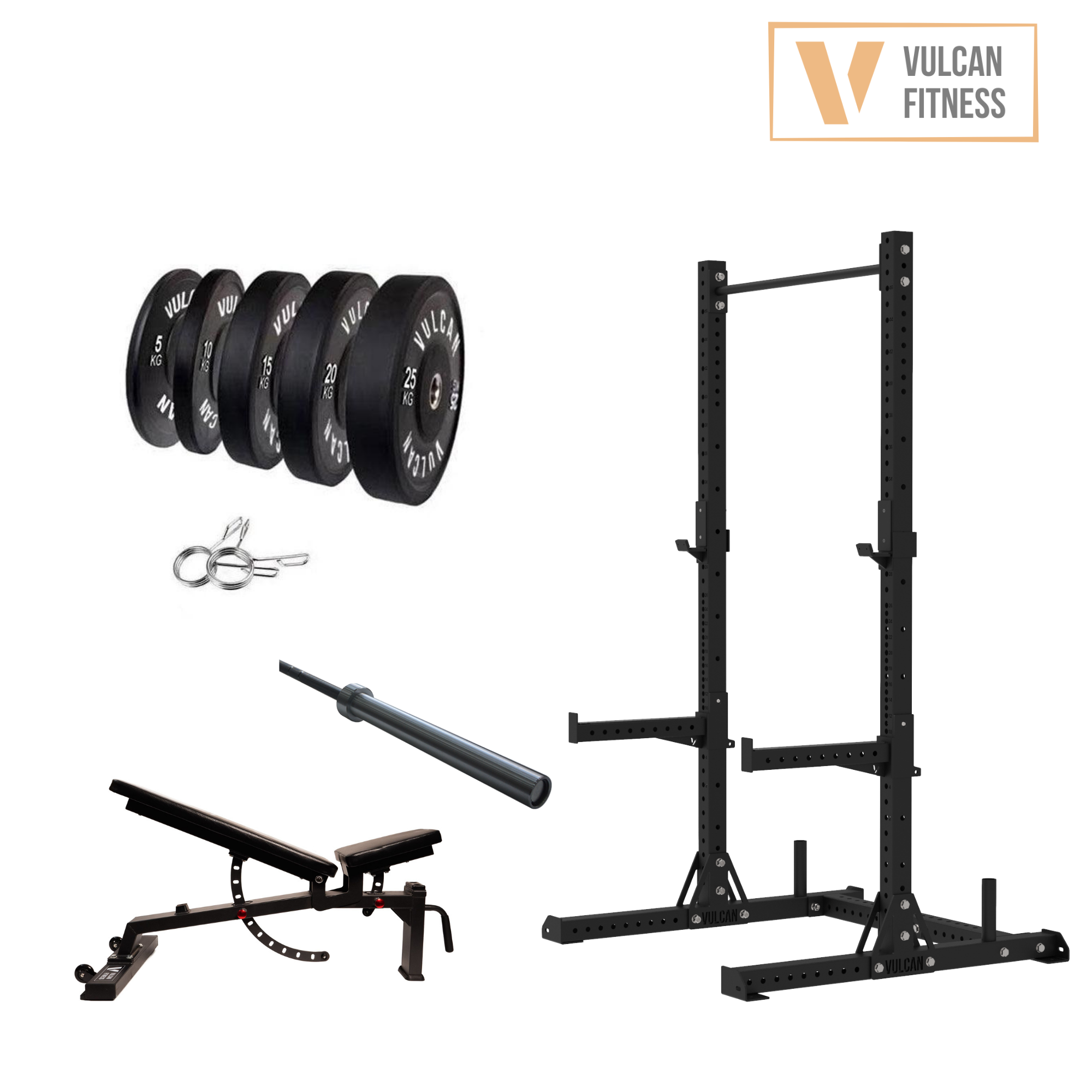 VULCAN Elite Squat Rack, Olympic Barbell, 150kg Black Bumper Weight Plates & Adjustable Bench | IN STOCK