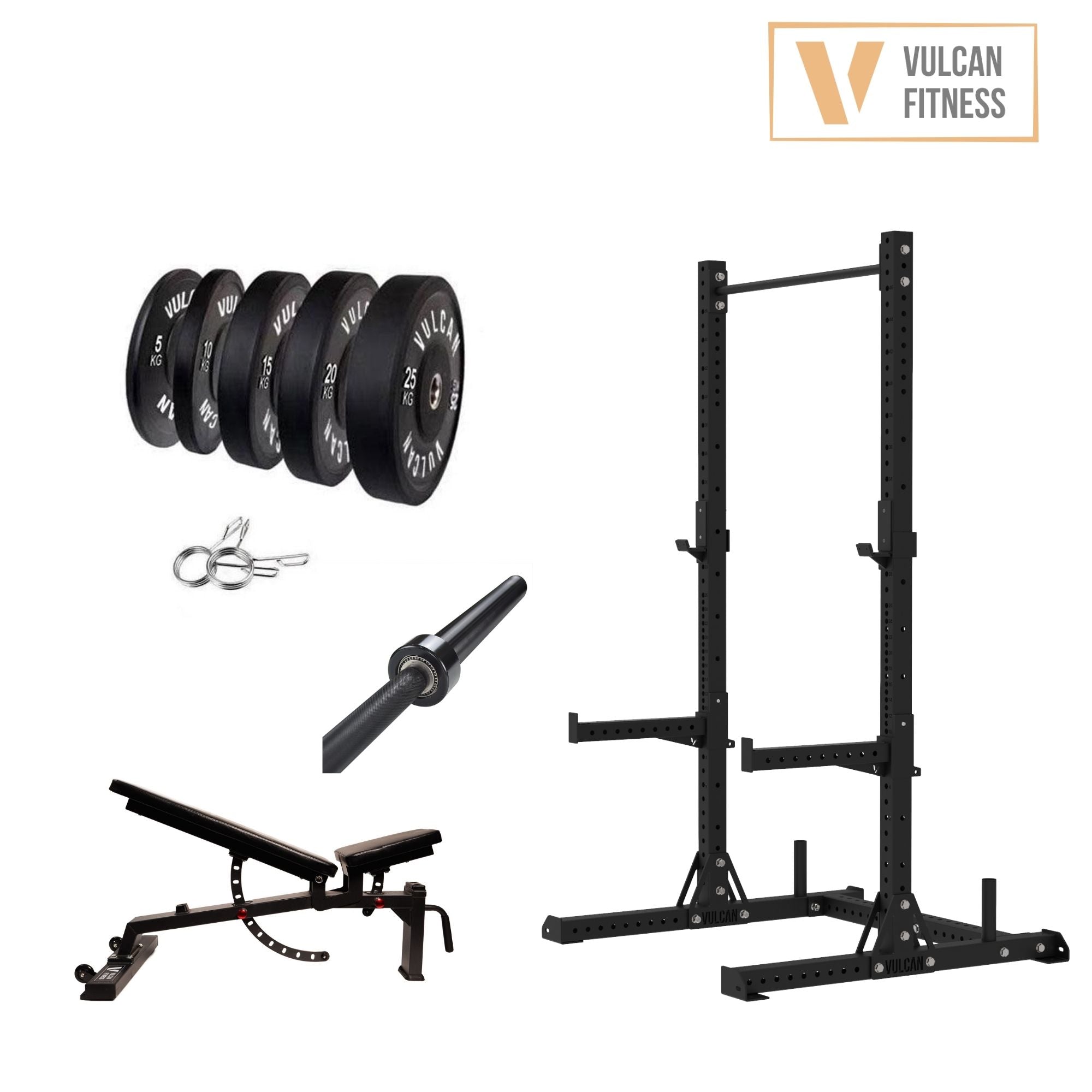 VULCAN Elite Squat Rack, Olympic Barbell, 150kg Black Bumper Weight Plates & Adjustable Bench | IN STOCK