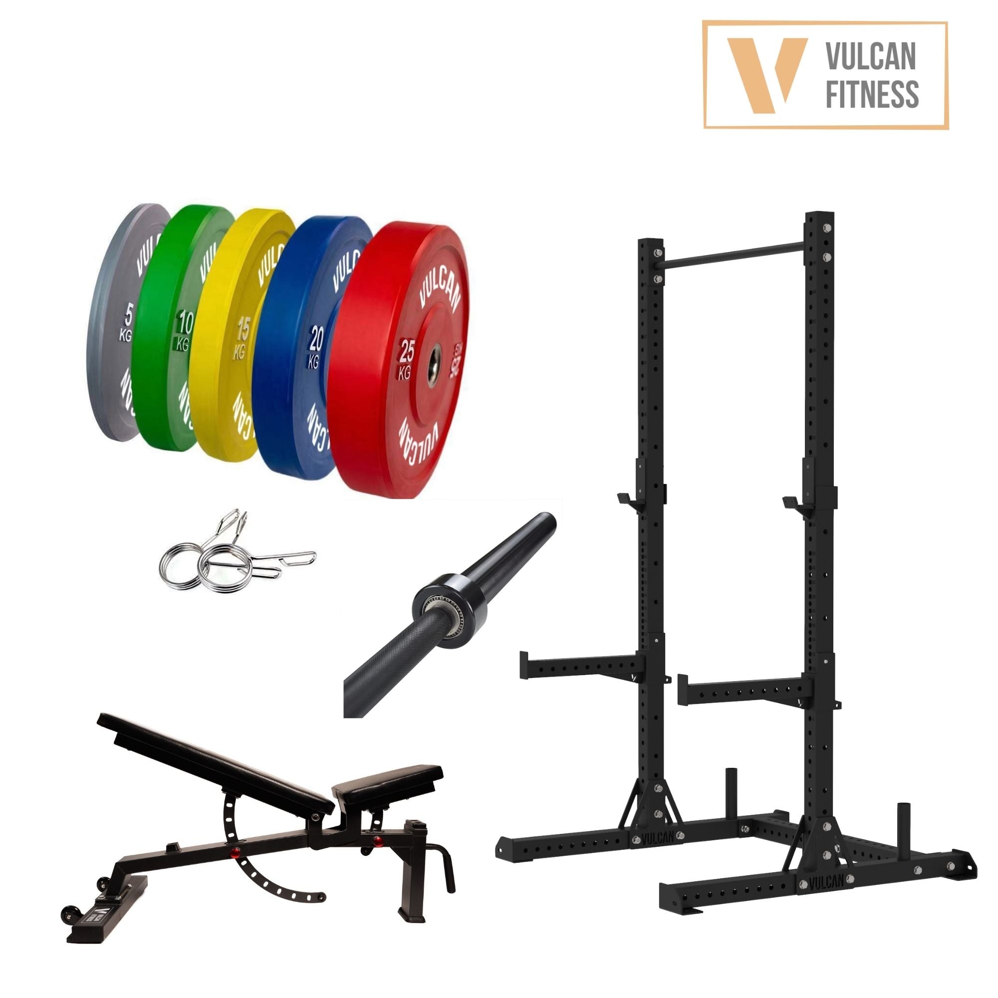 VULCAN Elite Squat Rack, Olympic Barbell, 150kg Colour Bumper Weight Plates & Adjustable Bench | IN STOCK