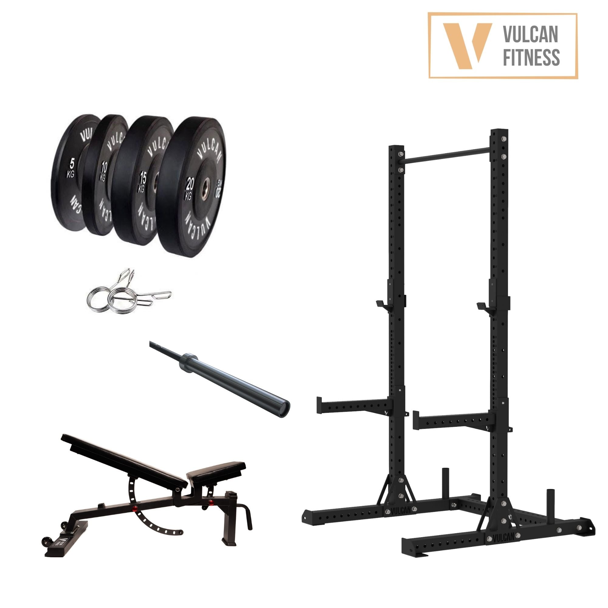 VULCAN Elite Squat Rack, Olympic Barbell, 100kg Black Bumper Weight Plates & Adjustable Bench | IN STOCK