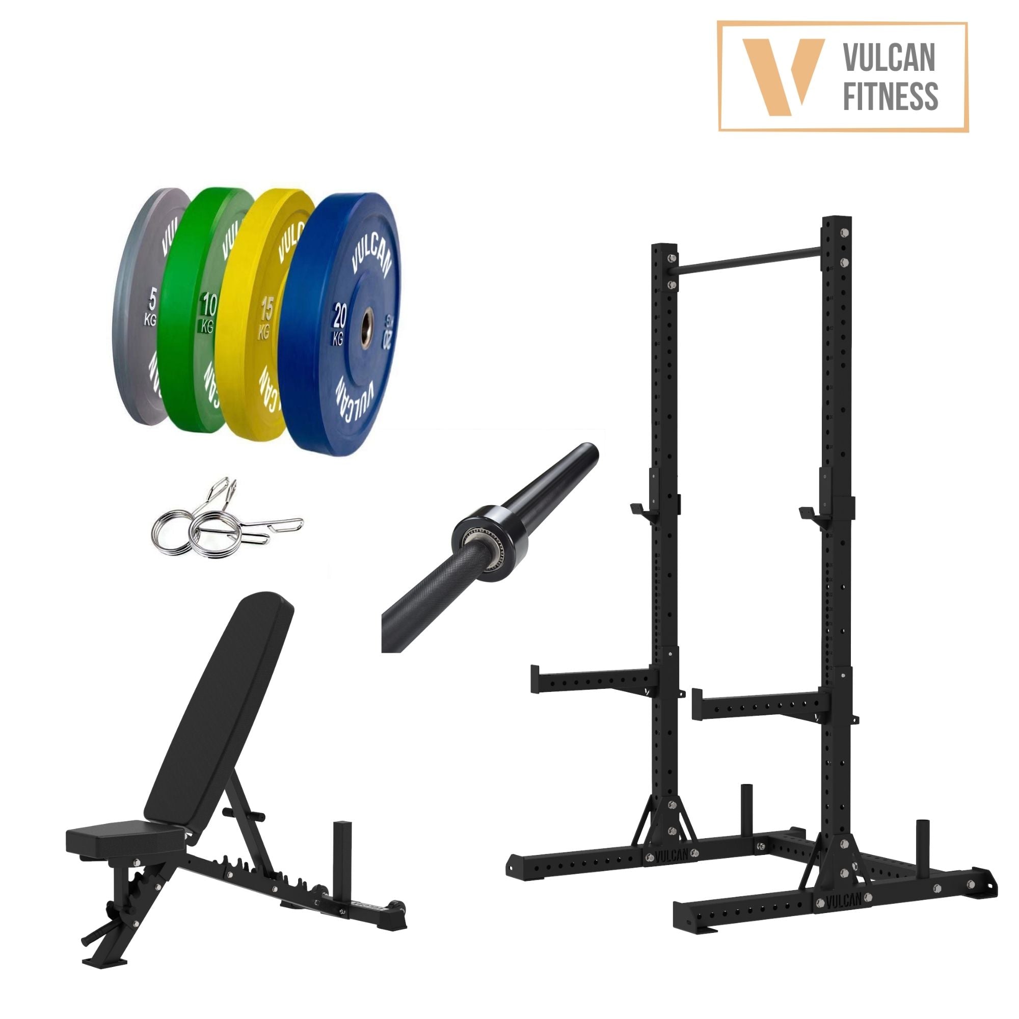 VULCAN Elite Squat Rack, Olympic Barbell, 100kg Colour Bumper Weight Plates & Pro Adjustable Bench | IN STOCK