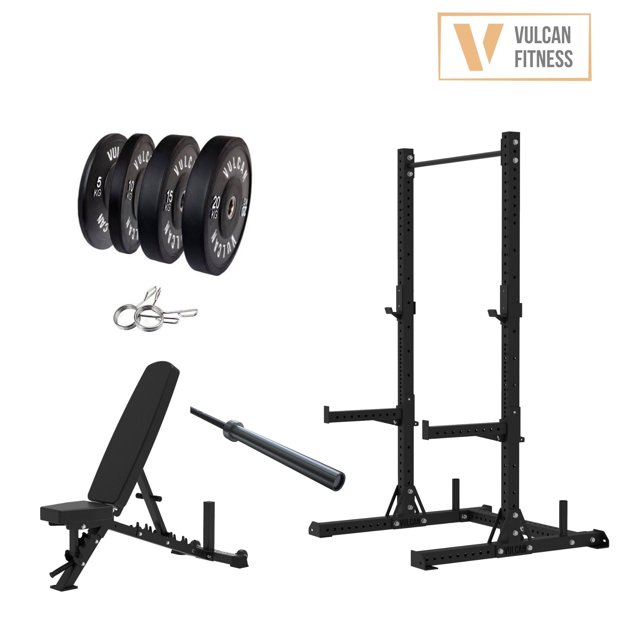 VULCAN Elite Squat Rack, Olympic Barbell, 100kg Black Bumper Weight Plates & Pro Adjustable Bench | IN STOCK
