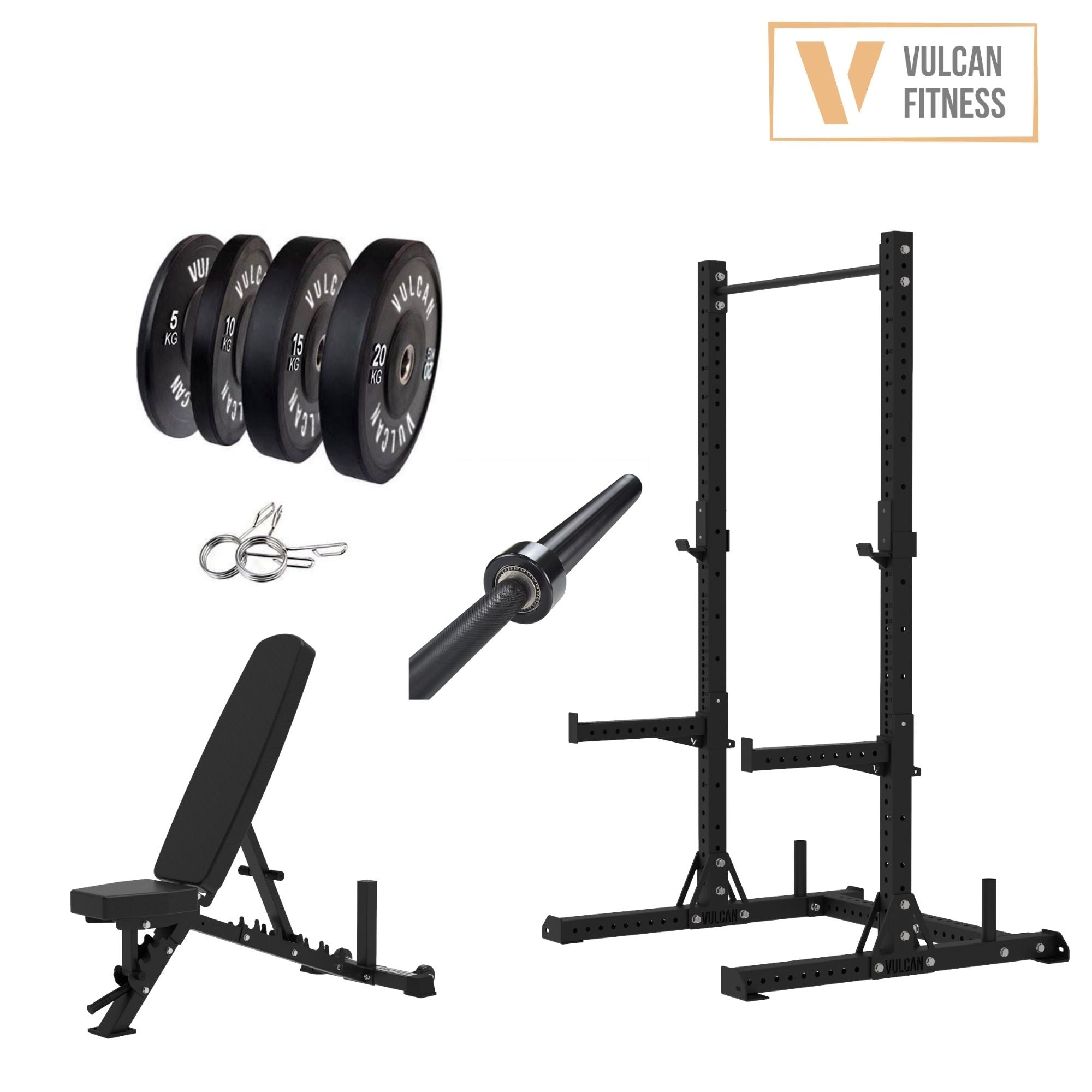 VULCAN Elite Squat Rack, Olympic Barbell, 100kg Black Bumper Weight Plates & Pro Adjustable Bench | IN STOCK