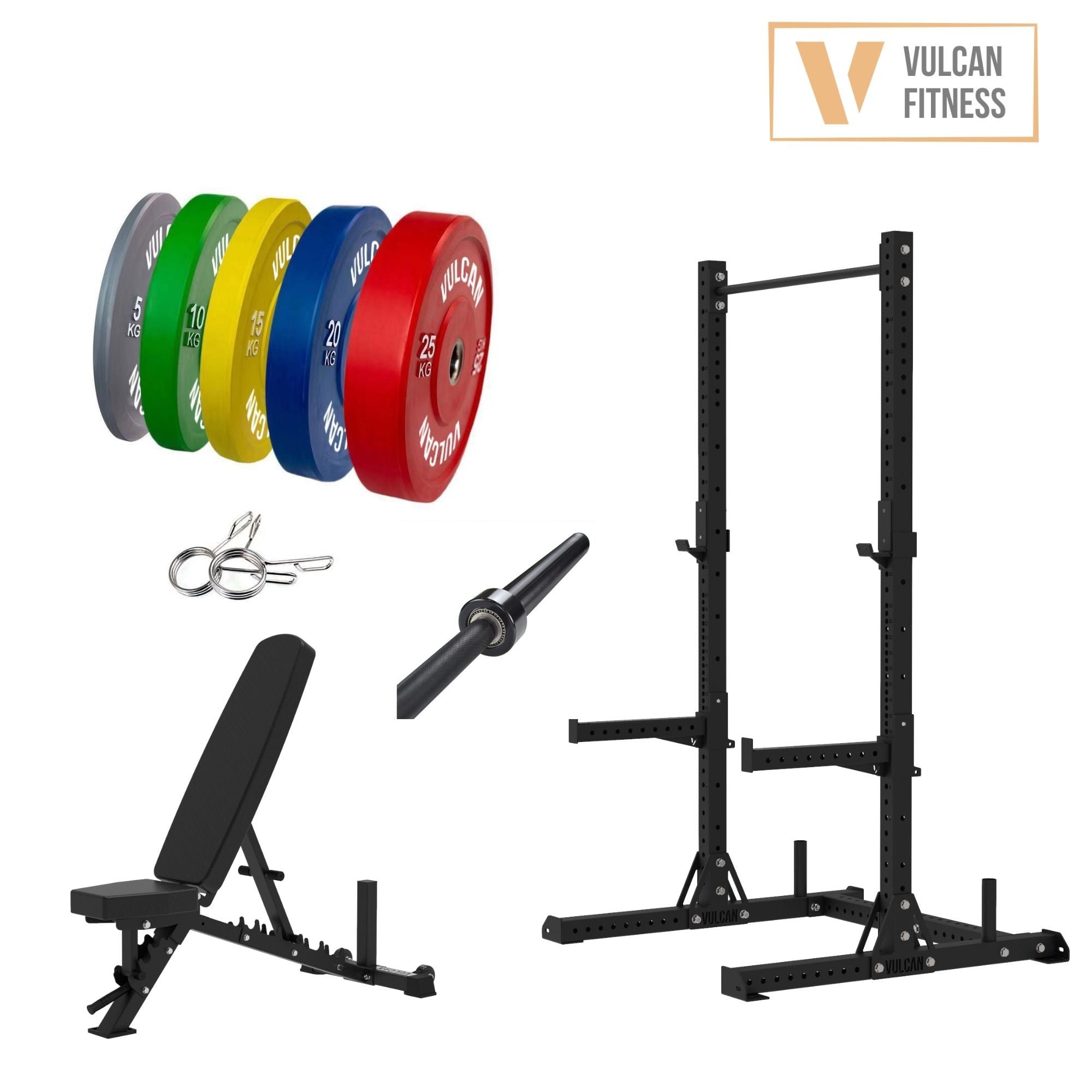 VULCAN Elite Squat Rack, Olympic Barbell, 150kg Colour Bumper Weight Plates & Pro Adjustable Bench | IN STOCK