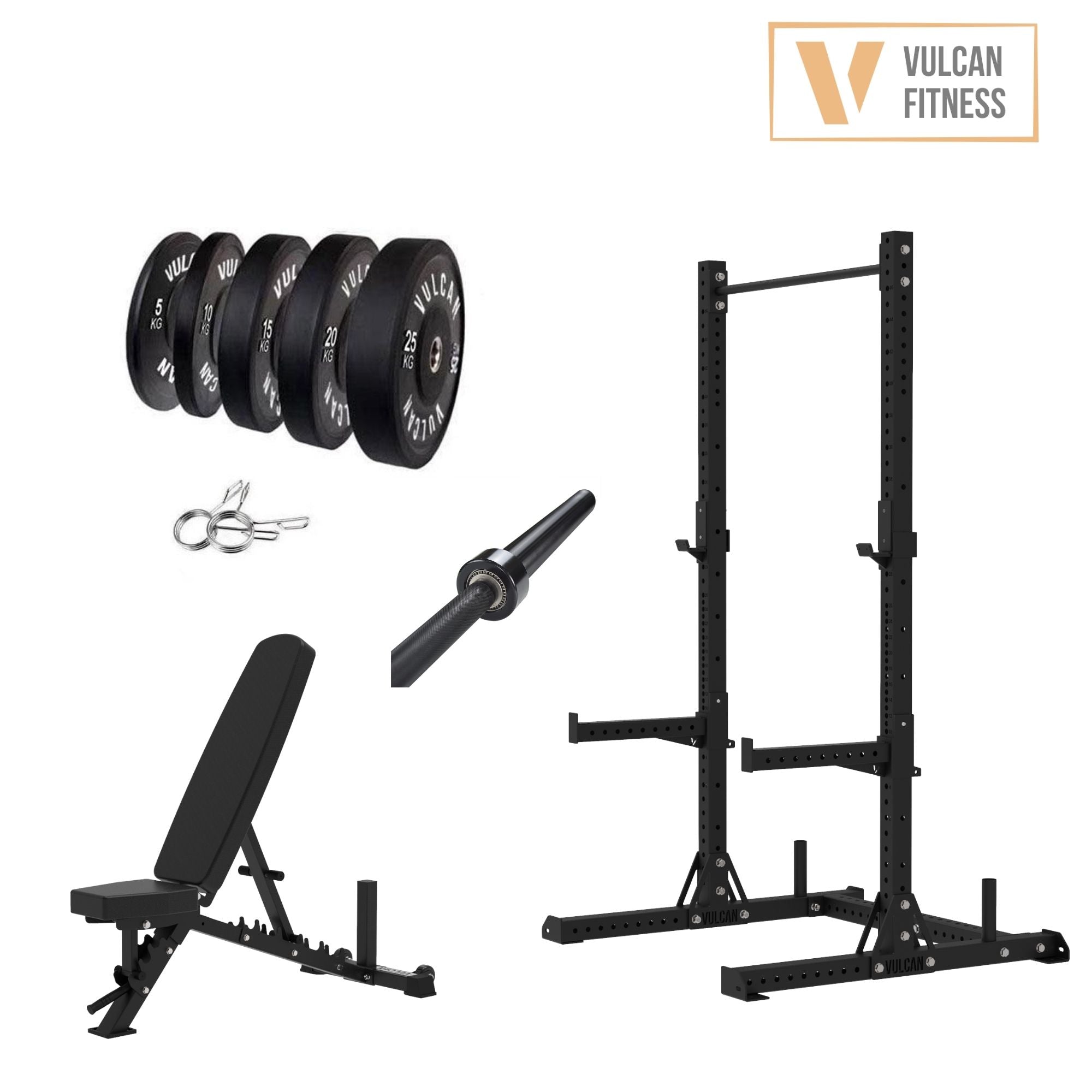 VULCAN Elite Squat Rack, Olympic Barbell, 150kg Black Bumper Weight Plates & Pro Adjustable Bench | IN STOCK