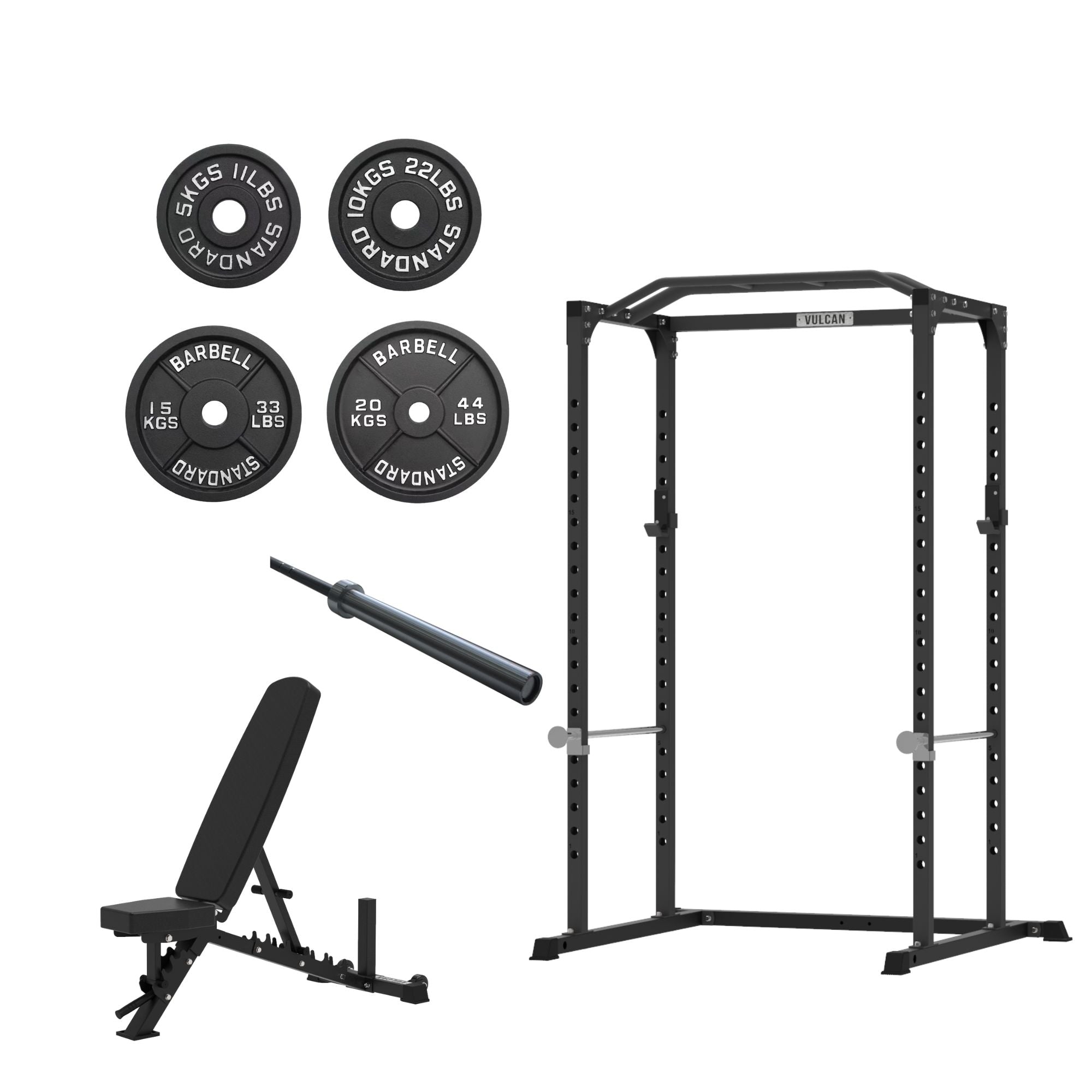 VULCAN Home Gym Power Cage, Olympic Barbell, 100kg Machined Olympic Iron Plates & Pro Adjustable Bench | IN STOCK