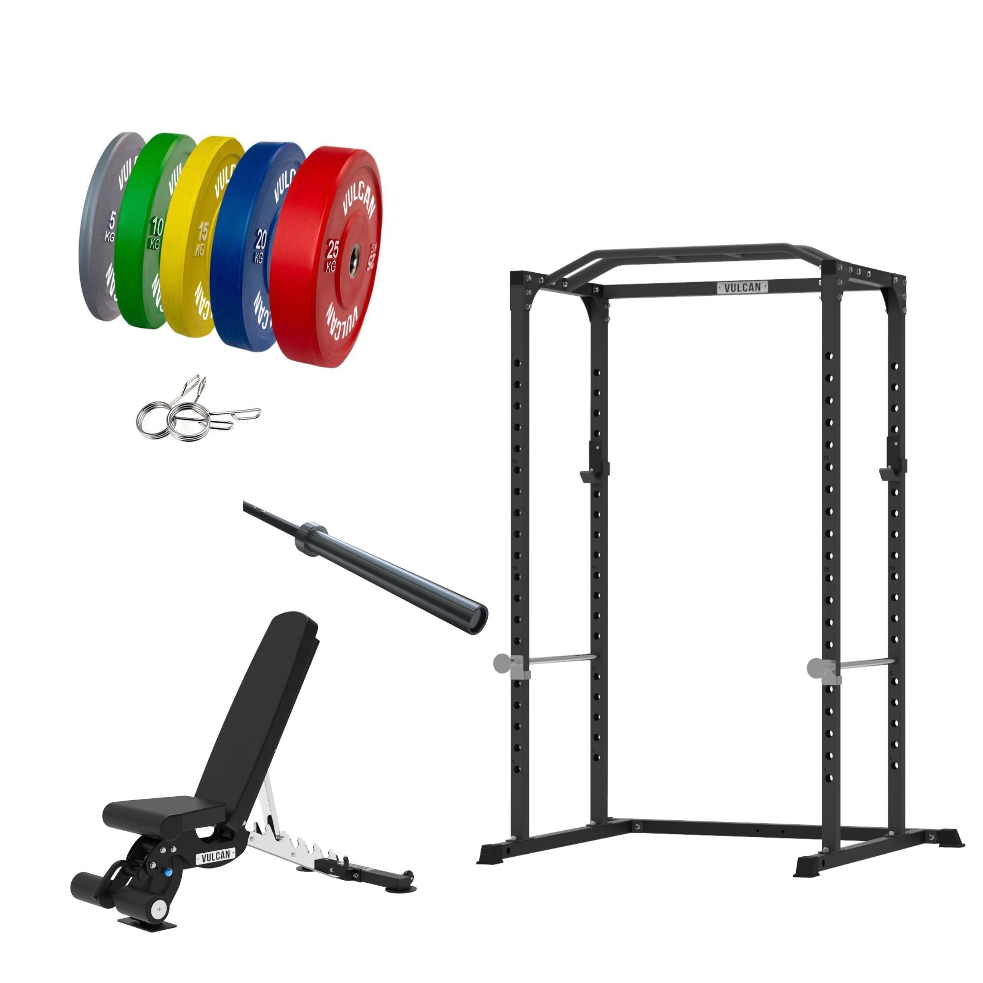VULCAN Home Gym Power Cage, Olympic Barbell, 150kg Colour Bumper Weight Plates & Commercial FID Bench | IN STOCK