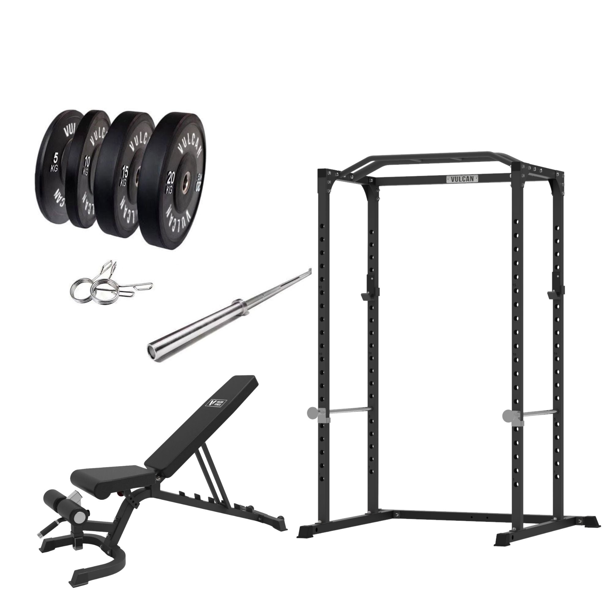 VULCAN Home Gym Power Cage, Olympic Barbell, 100kg Black Bumper Weight Plates & Adjustable Bench | IN STOCK