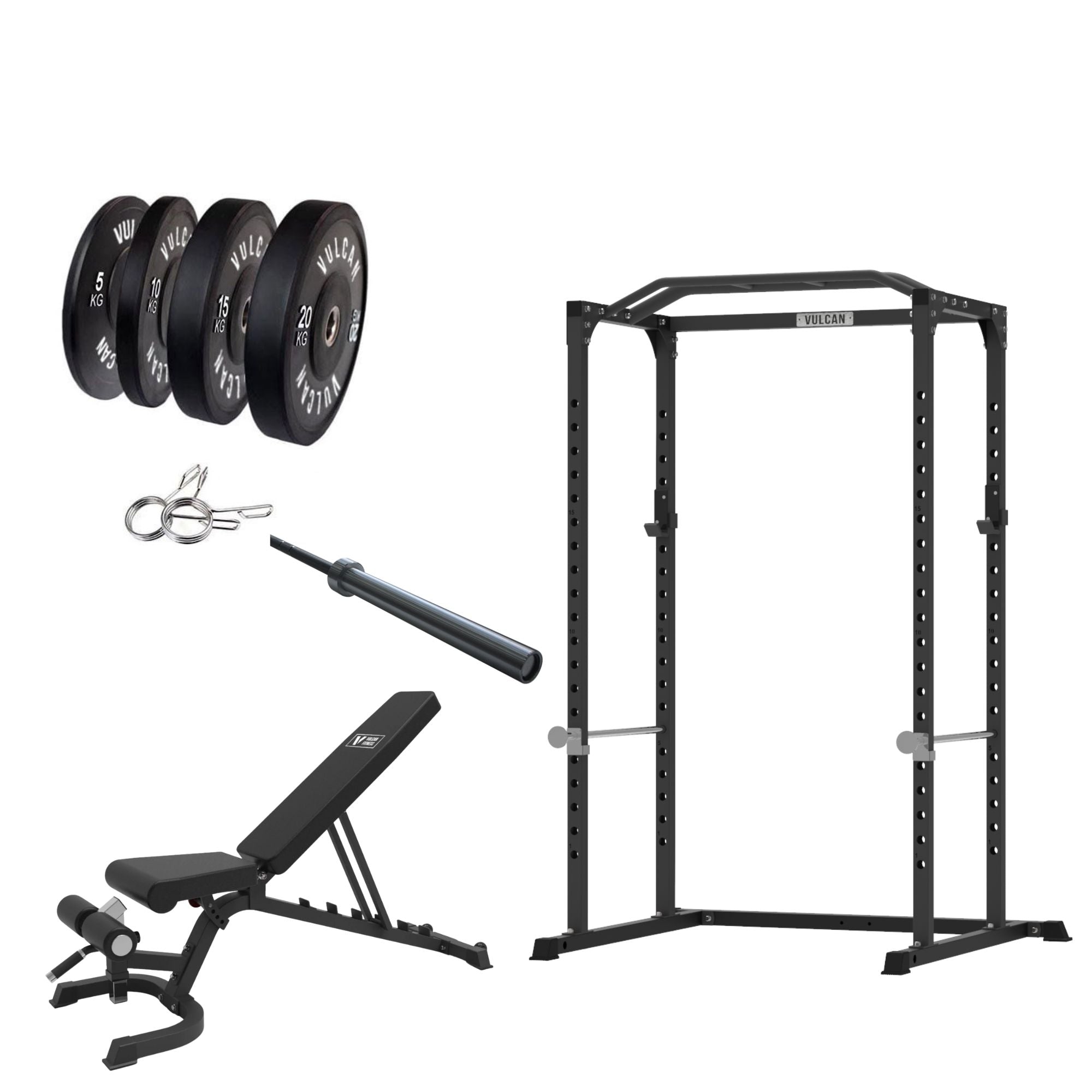 VULCAN Home Gym Power Cage, Olympic Barbell, 100kg Black Bumper Weight Plates & Adjustable Bench | IN STOCK