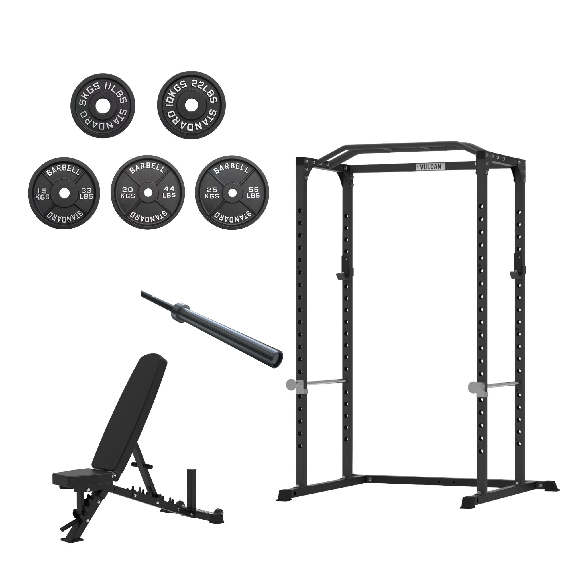 VULCAN Home Gym Power Cage, Olympic Barbell, 150kg Machined Olympic Iron Plates & Pro Adjustable Bench | IN STOCK