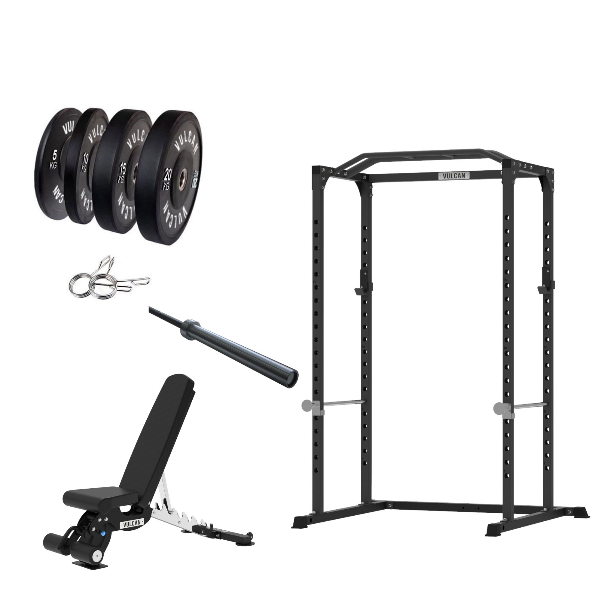 VULCAN Home Gym Power Cage, Olympic Barbell, 100kg Black Bumper Weight Plates & Commercial FID Bench | IN STOCK