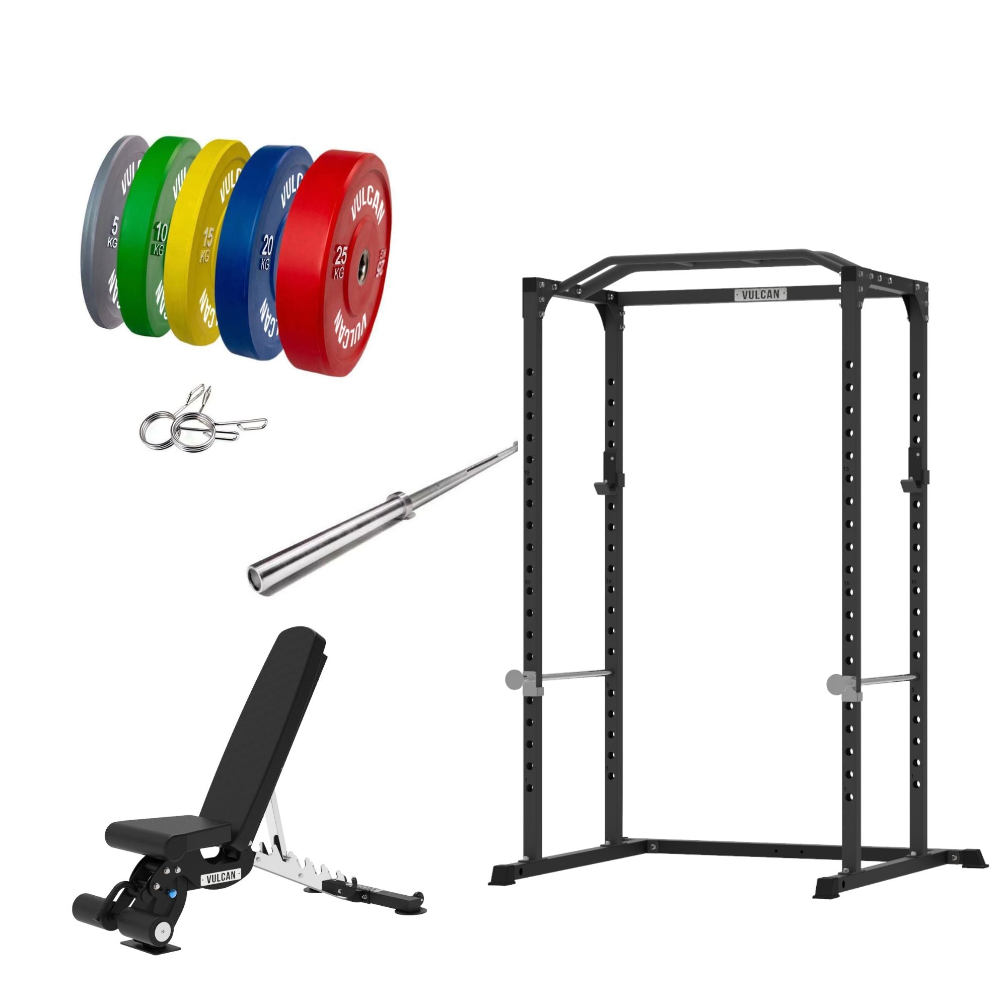 VULCAN Home Gym Power Cage, Olympic Barbell, 150kg Colour Bumper Weight Plates & Commercial FID Bench | IN STOCK