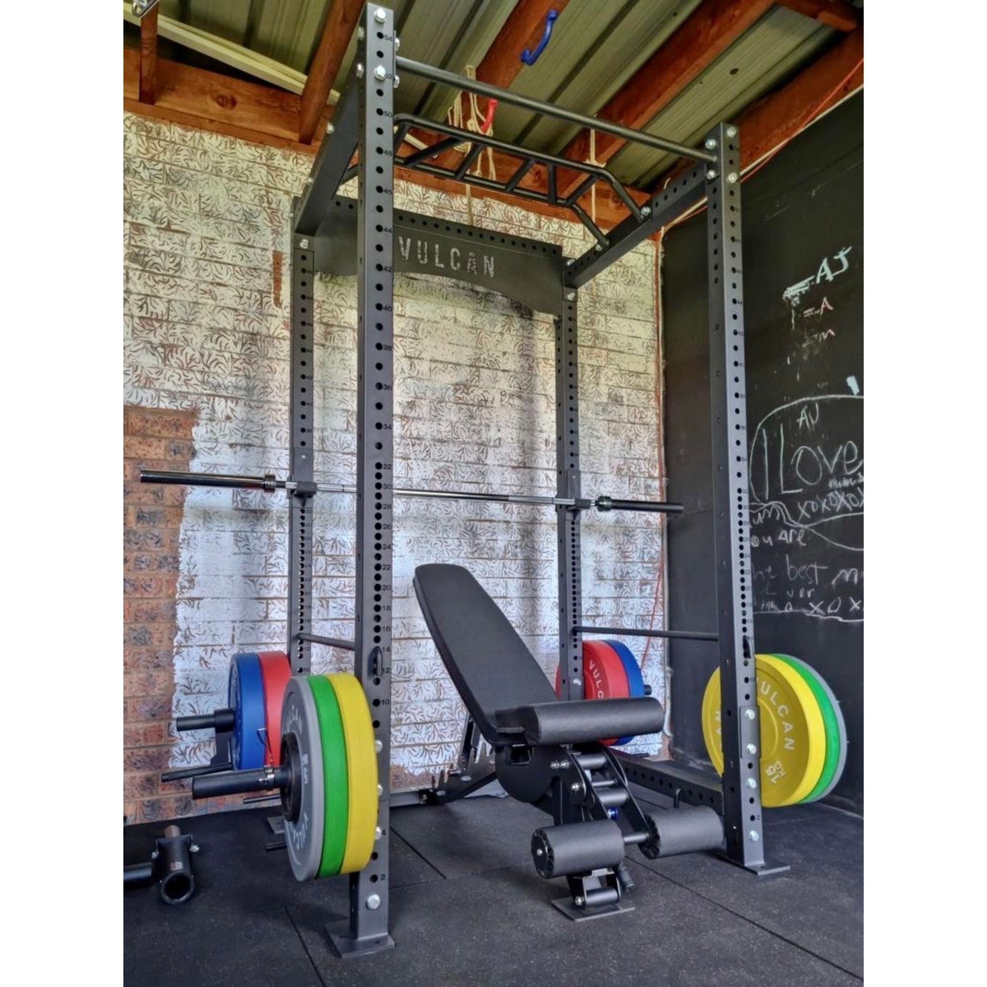 VULCAN Commercial Power Cage, Olympic Barbell, 150kg Black Bumper Weight Plates & Commercial FID Bench | IN STOCK