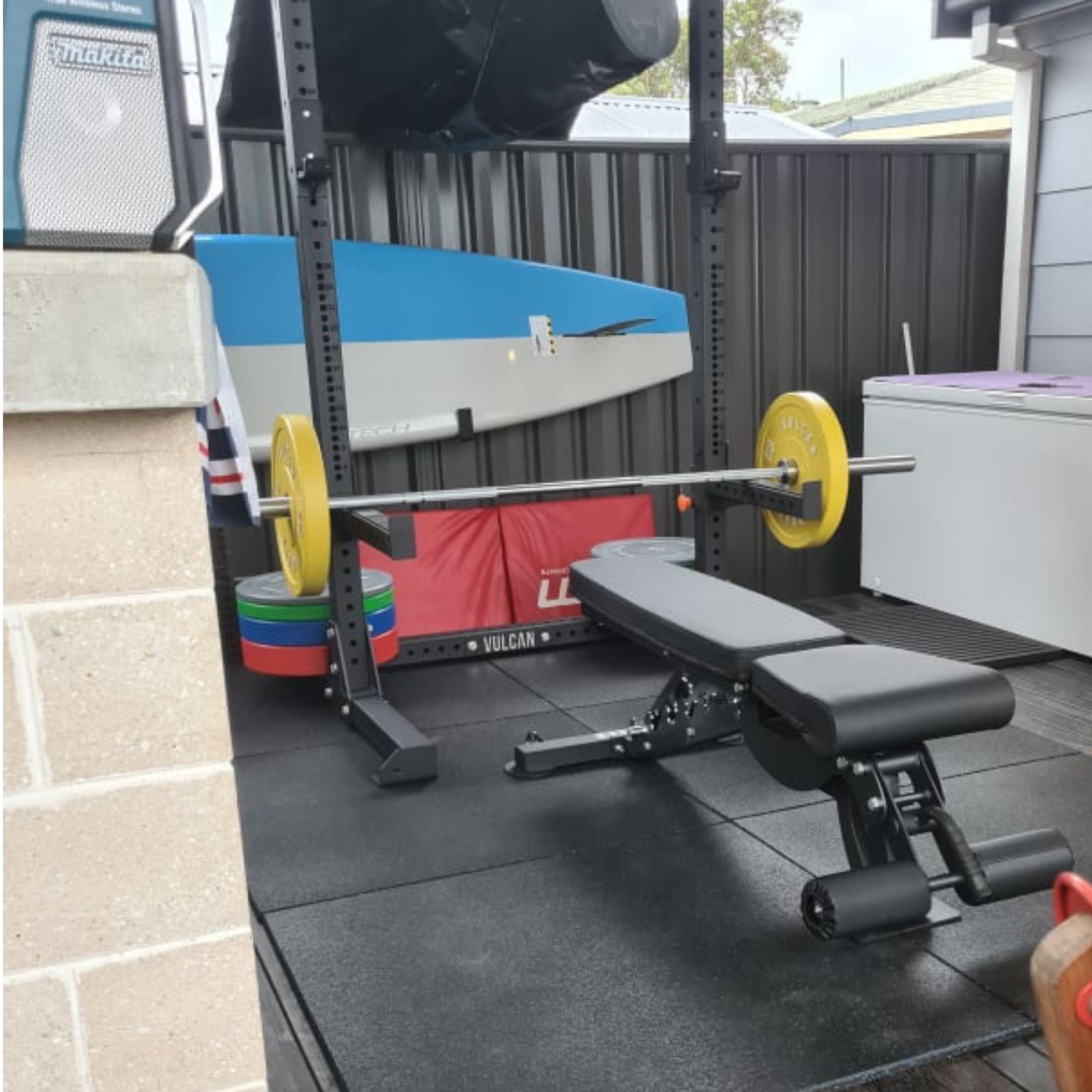 squat rack in a home gym