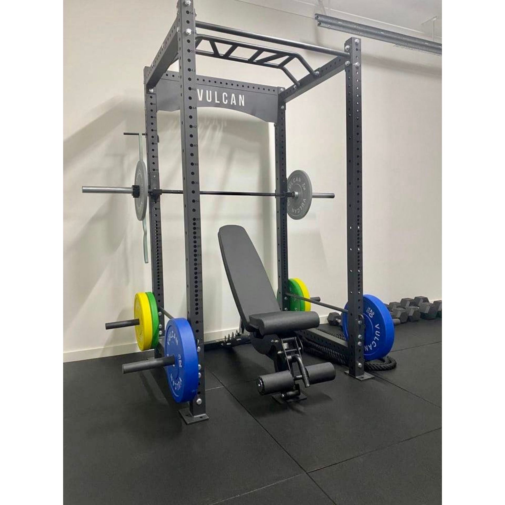 VULCAN Commercial Power Cage, Olympic Barbell, 150kg Black Bumper Weight Plates & Commercial FID Bench | IN STOCK