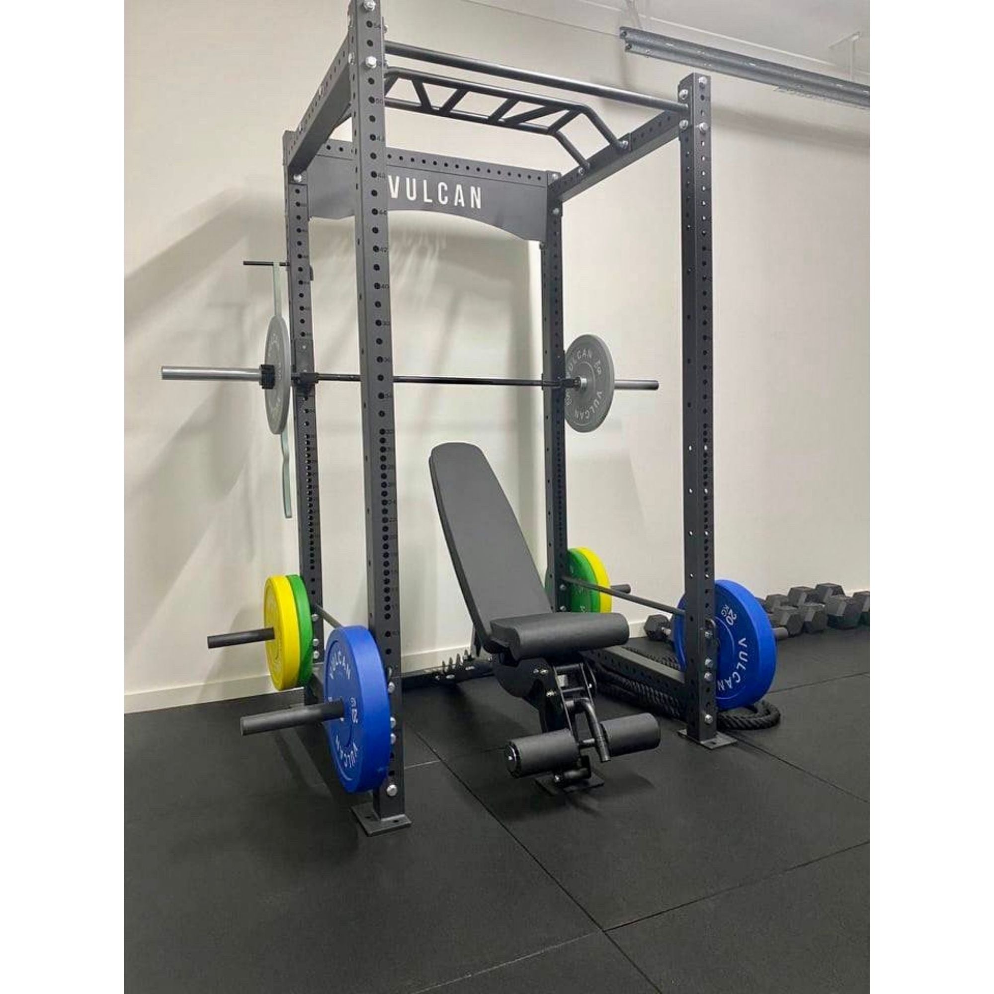 VULCAN Commercial Power Cage, Olympic Barbell, 100kg Black Bumper Weight Plates & Commercial FID Bench | IN STOCK