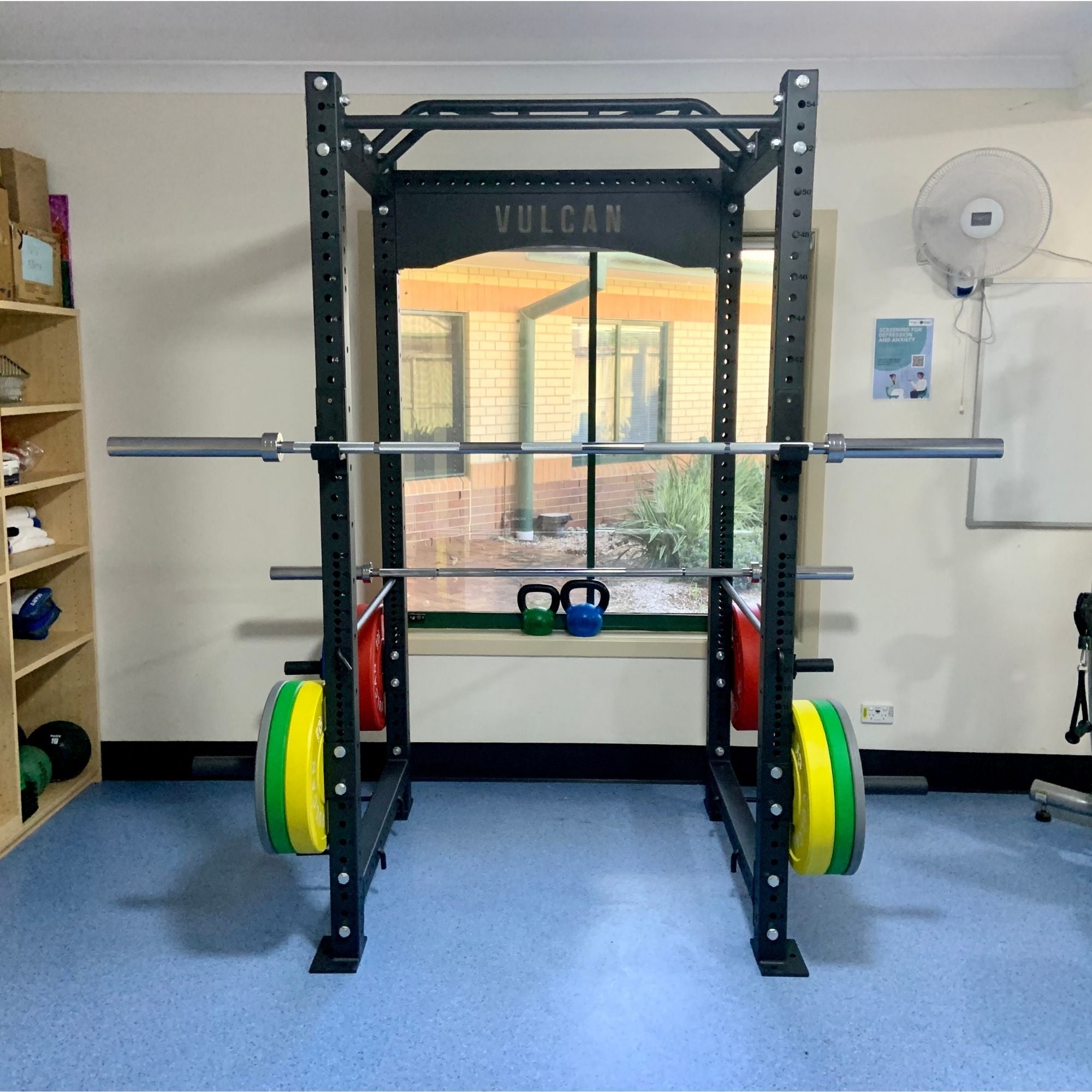 VULCAN Commercial Power Cage, Olympic Barbell, 150kg Black Bumper Weight Plates & Commercial FID Bench | IN STOCK