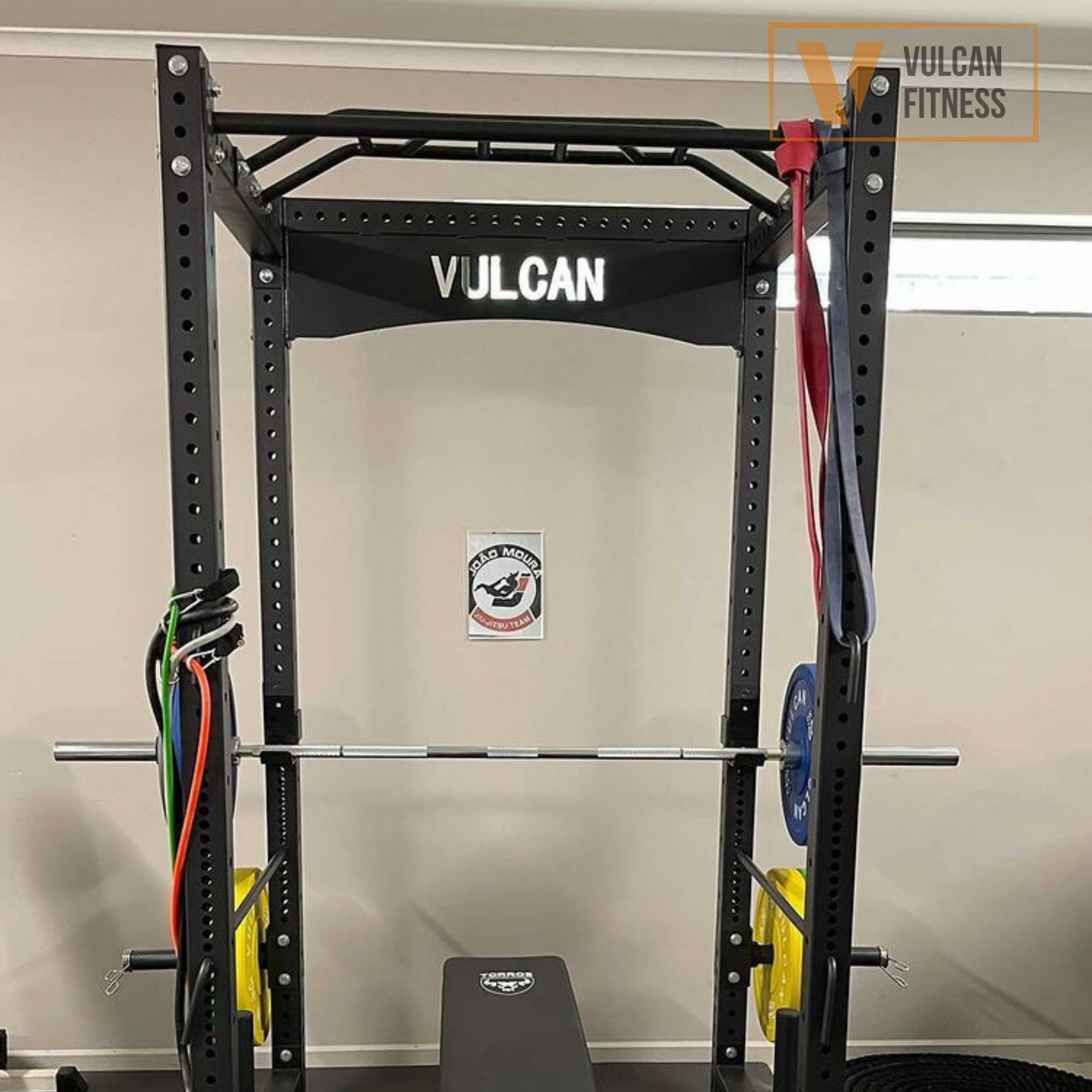 VULCAN Commercial Power Cage, Olympic Barbell, 100kg Colour Bumper Weight Plates & Commercial FID Bench | IN STOCK