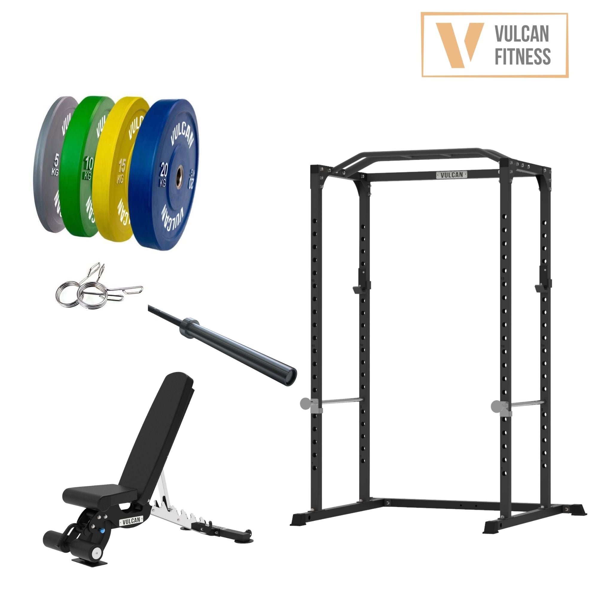 VULCAN Home Gym Power Cage, Olympic Barbell, 100kg Colour Bumper Weight Plates & Commercial FID Bench | IN STOCK
